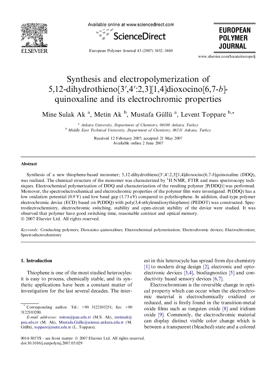 Synthesis and electropolymerization of 5,12-dihydrothieno[3′,4′:2,3][1,4]dioxocino[6,7-b]quinoxaline and its electrochromic properties