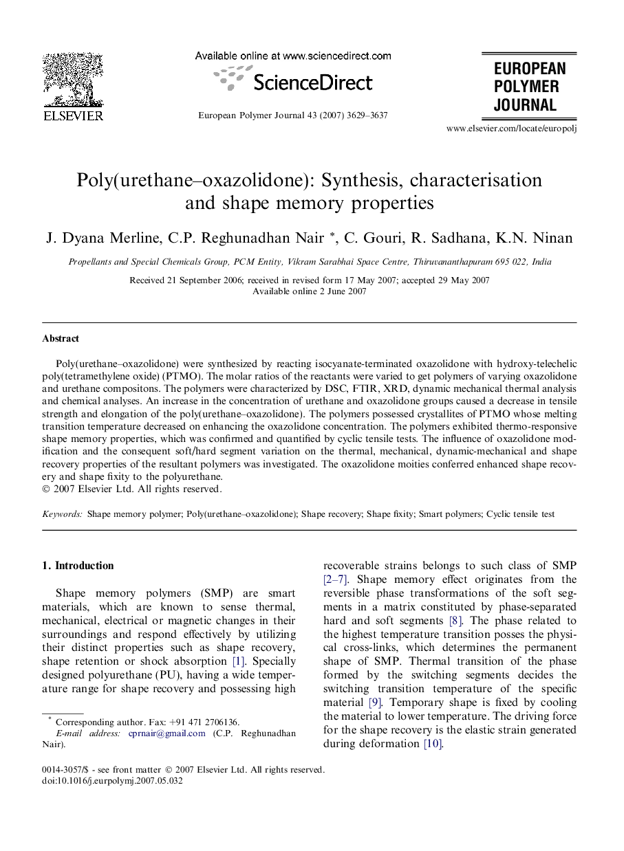 Poly(urethane–oxazolidone): Synthesis, characterisation and shape memory properties