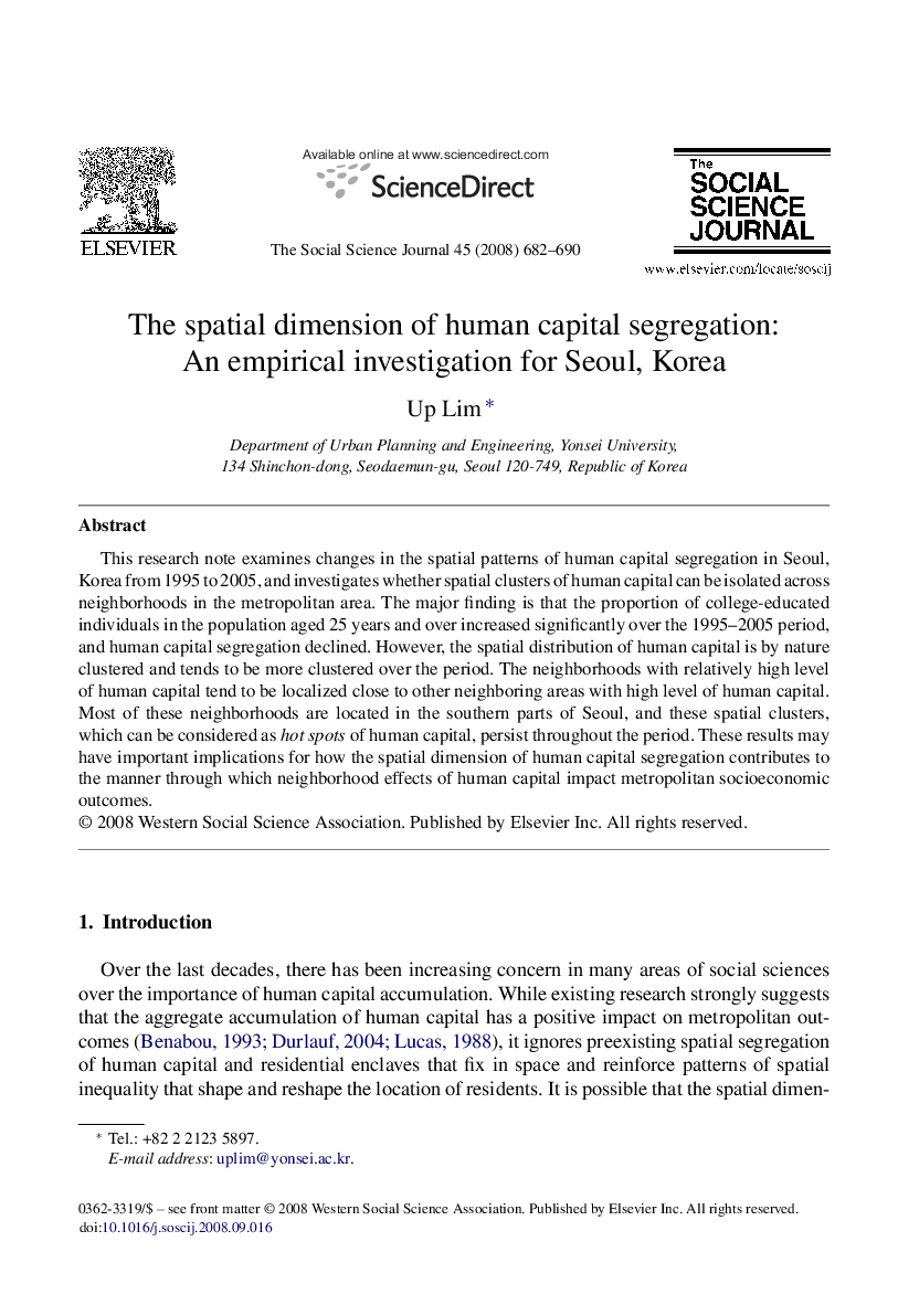 عکس صفحه اول مقاله: The spatial dimension of human capital segregation: An empirical investigation for Seoul, Korea The spatial dimension of human capital segregation: An empirical investigation for Seoul, Korea