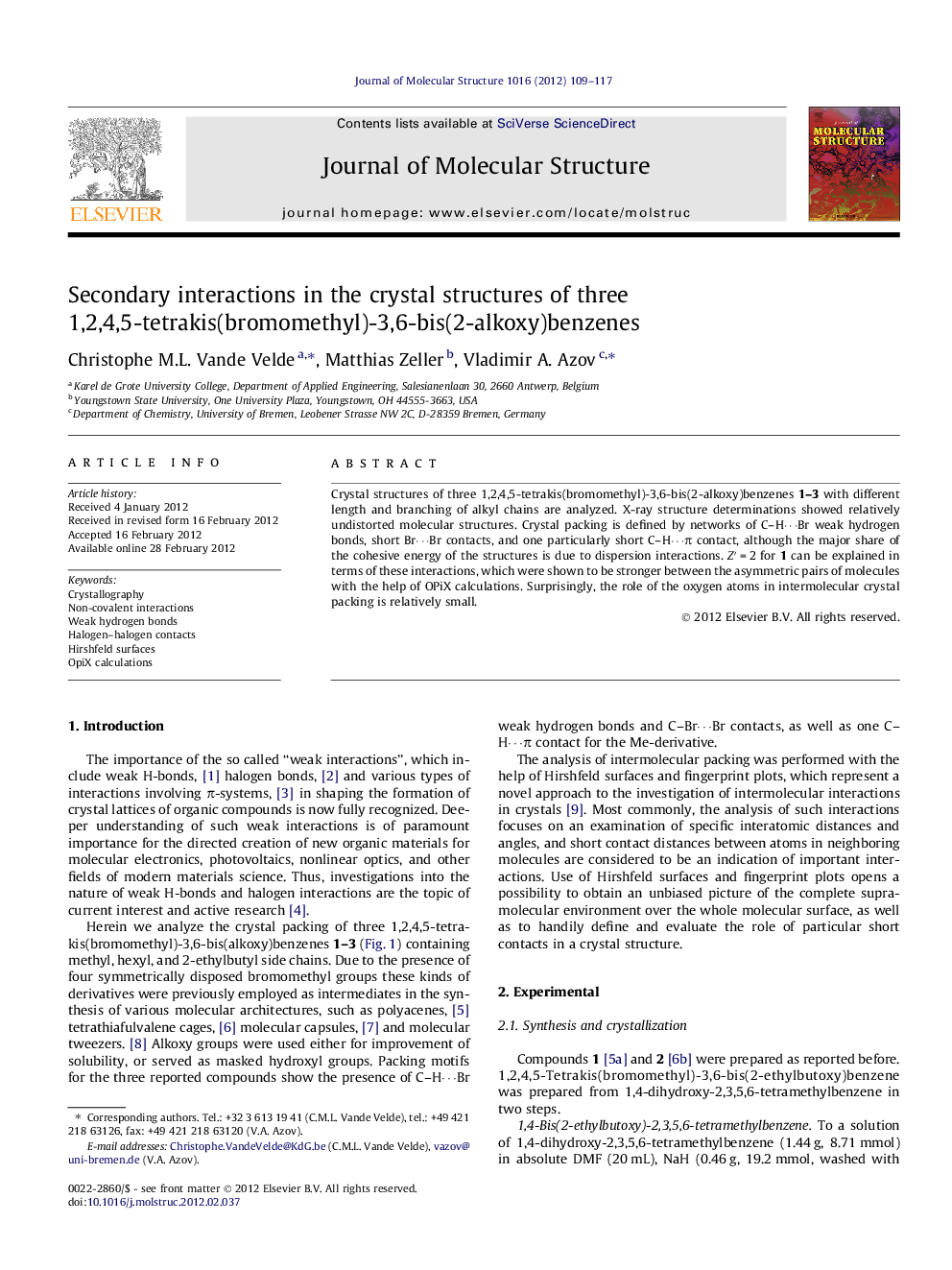 Secondary interactions in the crystal structures of three 1,2,4,5-tetrakis(bromomethyl)-3,6-bis(2-alkoxy)benzenes