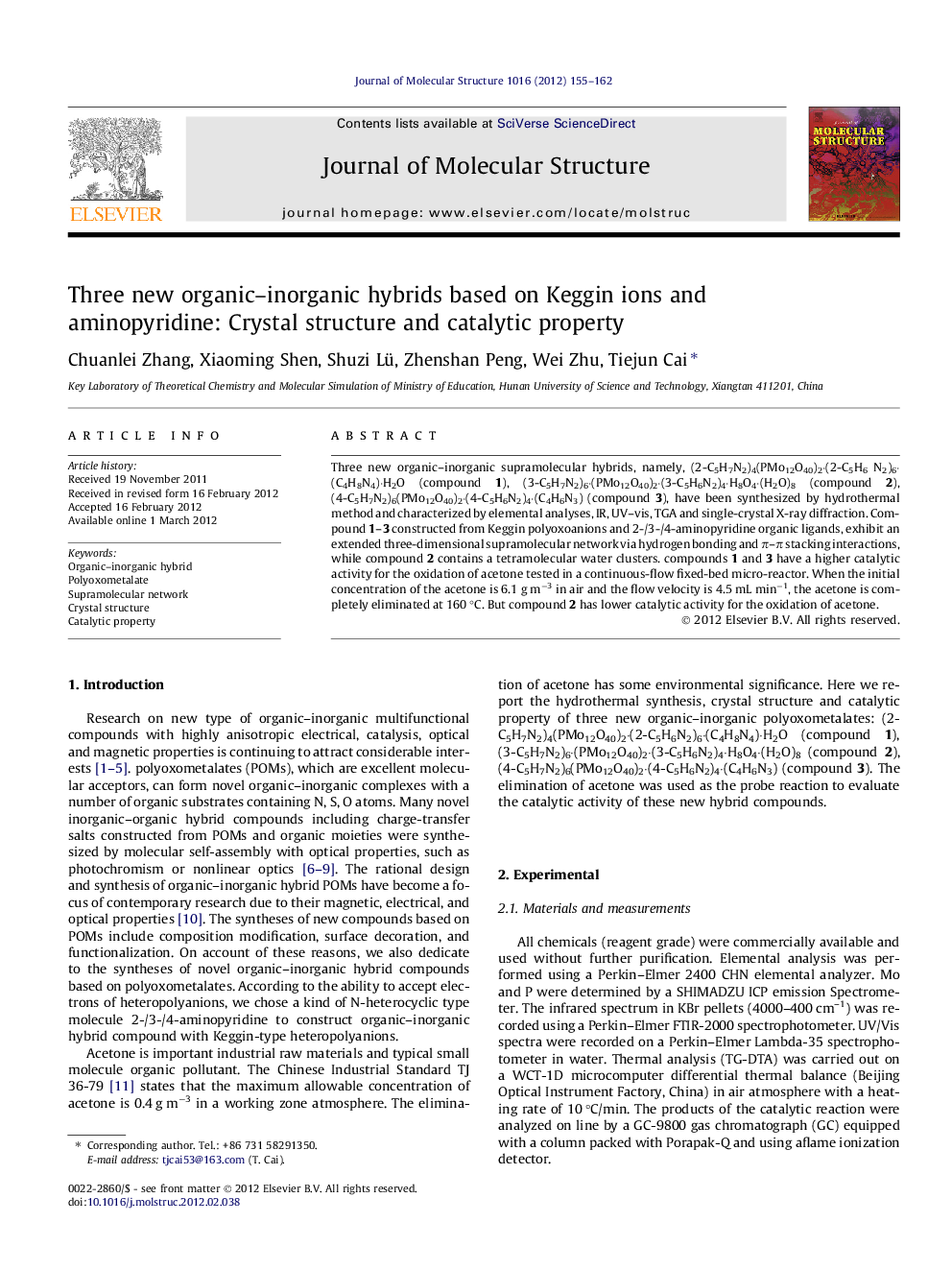 Three new organic–inorganic hybrids based on Keggin ions and aminopyridine: Crystal structure and catalytic property