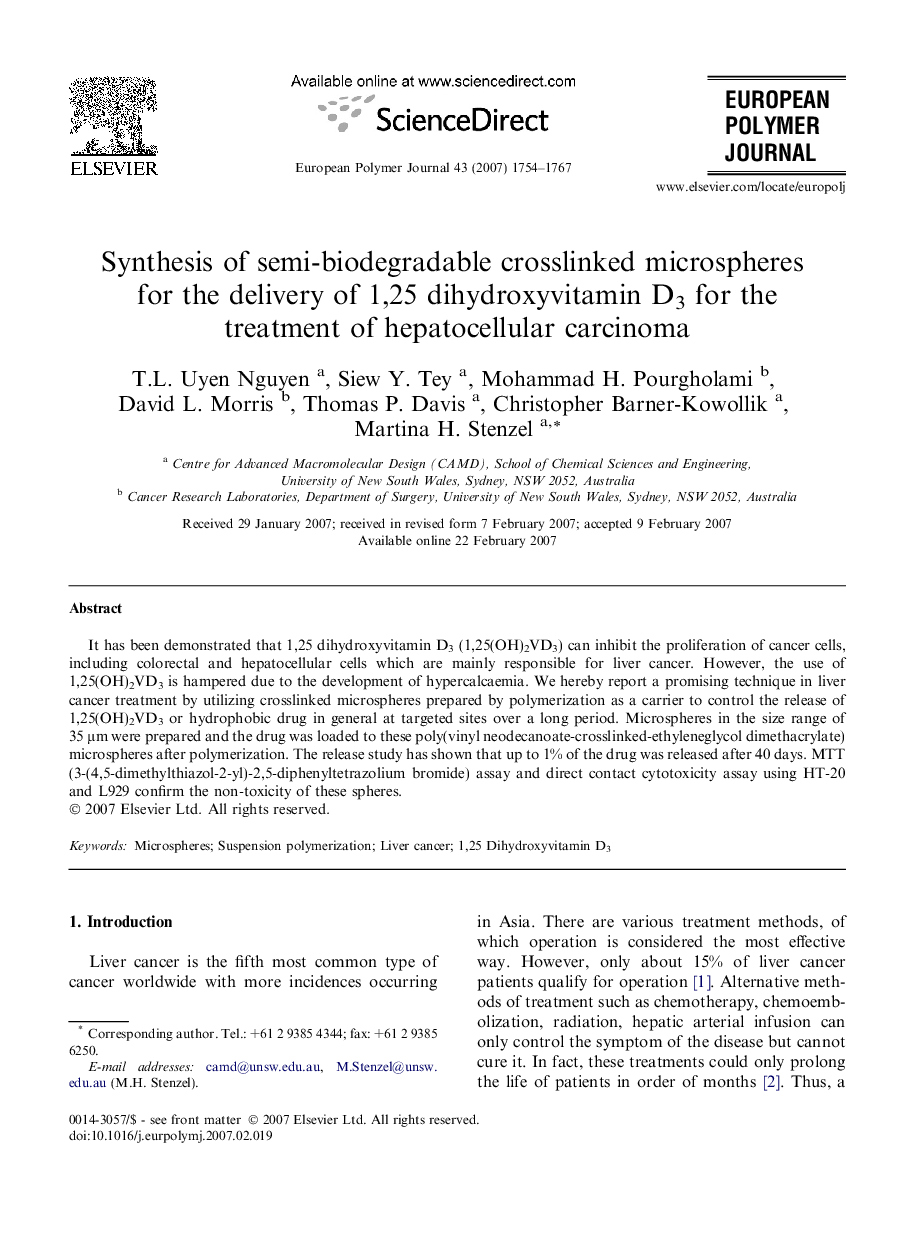 Synthesis of semi-biodegradable crosslinked microspheres for the delivery of 1,25 dihydroxyvitamin D3 for the treatment of hepatocellular carcinoma