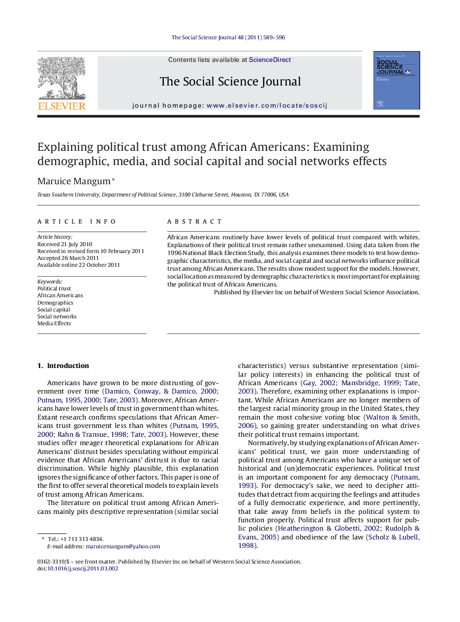 Explaining political trust among African Americans: Examining demographic, media, and social capital and social networks effects