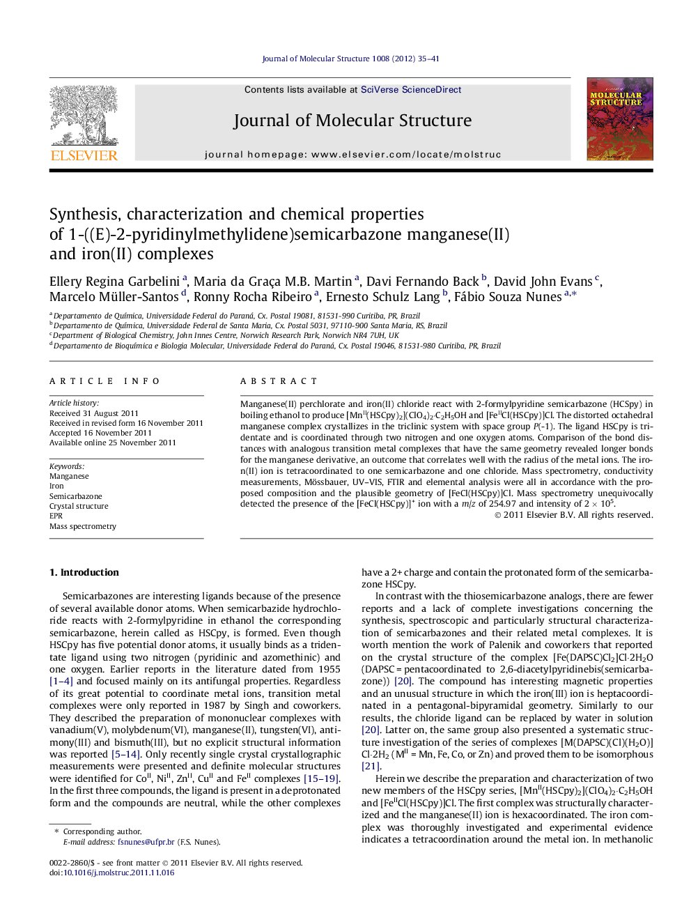 Synthesis, characterization and chemical properties of 1-((E)-2-pyridinylmethylidene)semicarbazone manganese(II) and iron(II) complexes