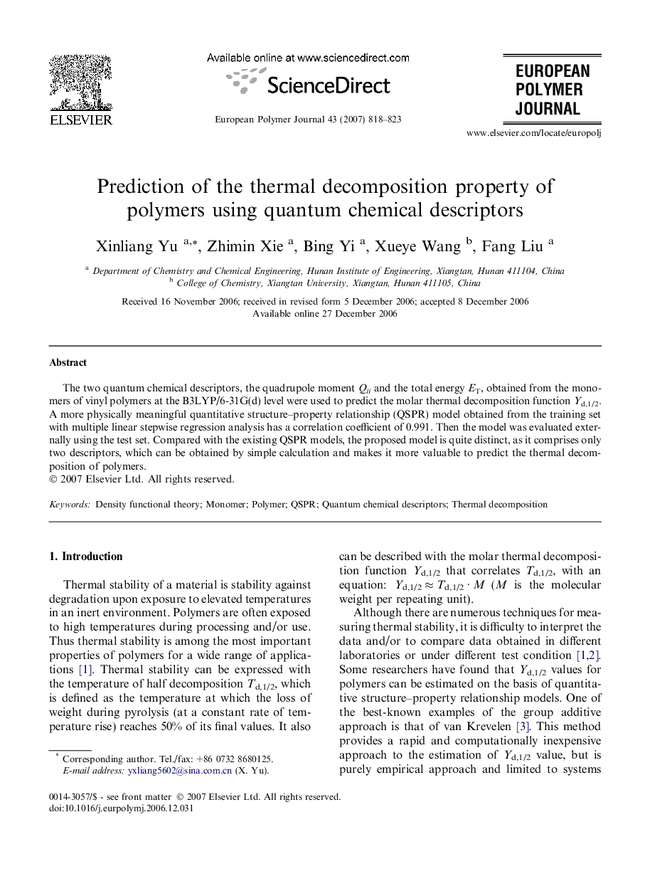 Prediction of the thermal decomposition property of polymers using quantum chemical descriptors