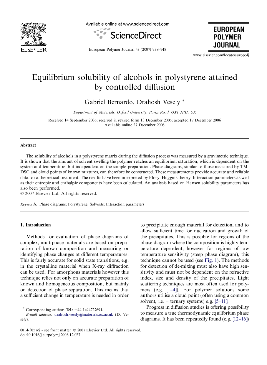 Equilibrium solubility of alcohols in polystyrene attained by controlled diffusion