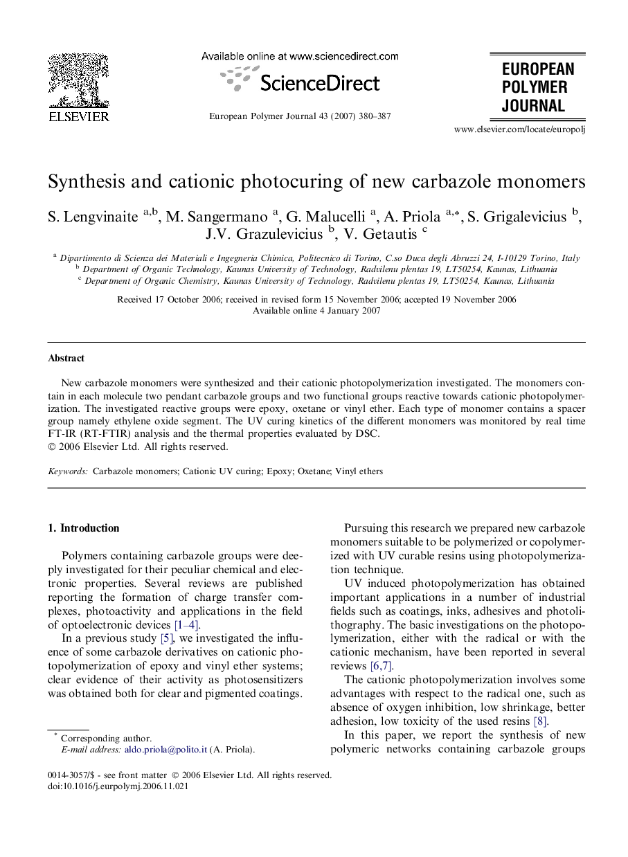 Synthesis and cationic photocuring of new carbazole monomers