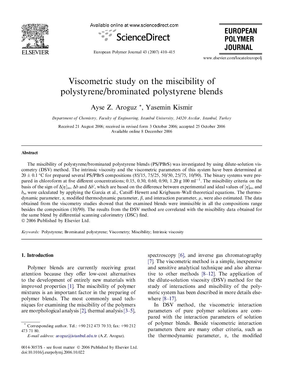 Viscometric study on the miscibility of polystyrene/brominated polystyrene blends