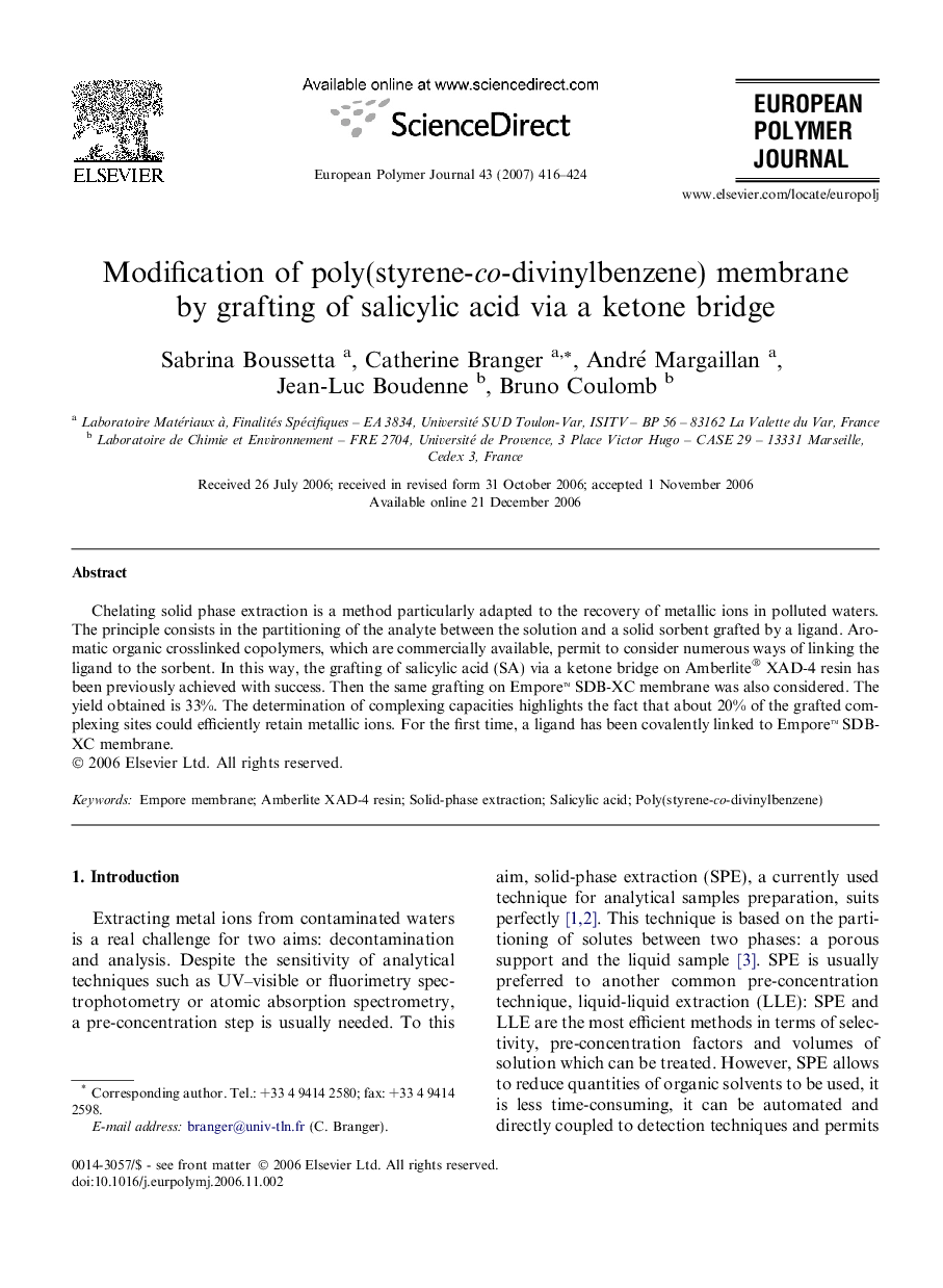 Modification of poly(styrene-co-divinylbenzene) membrane by grafting of salicylic acid via a ketone bridge