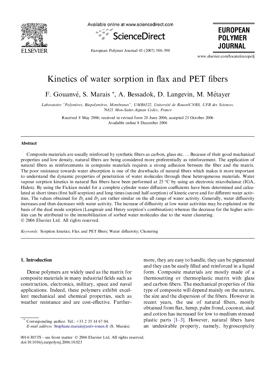 Kinetics of water sorption in flax and PET fibers