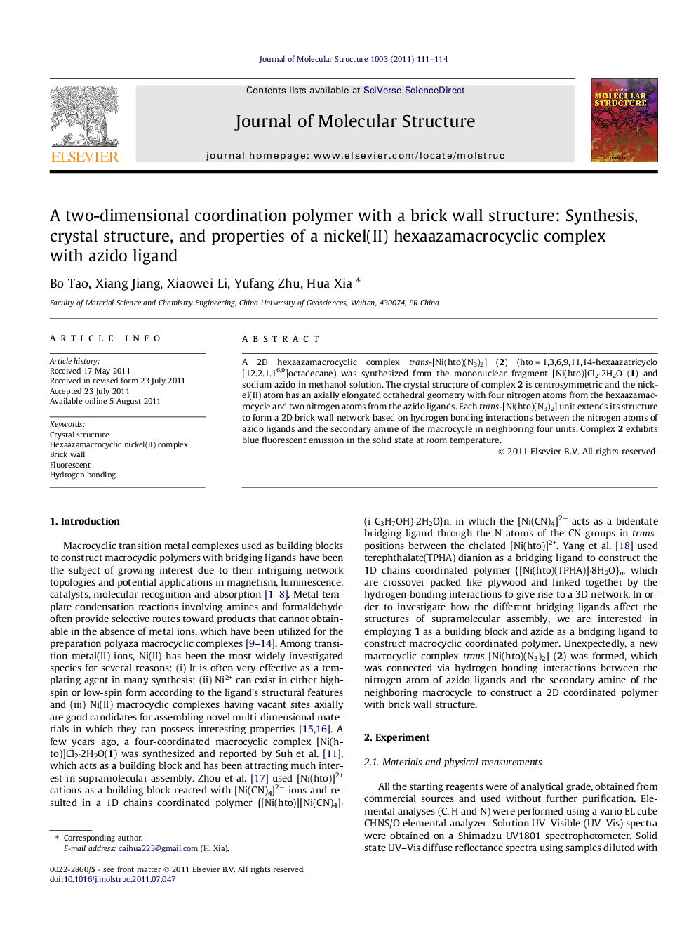 A two-dimensional coordination polymer with a brick wall structure: Synthesis, crystal structure, and properties of a nickel(II) hexaazamacrocyclic complex with azido ligand