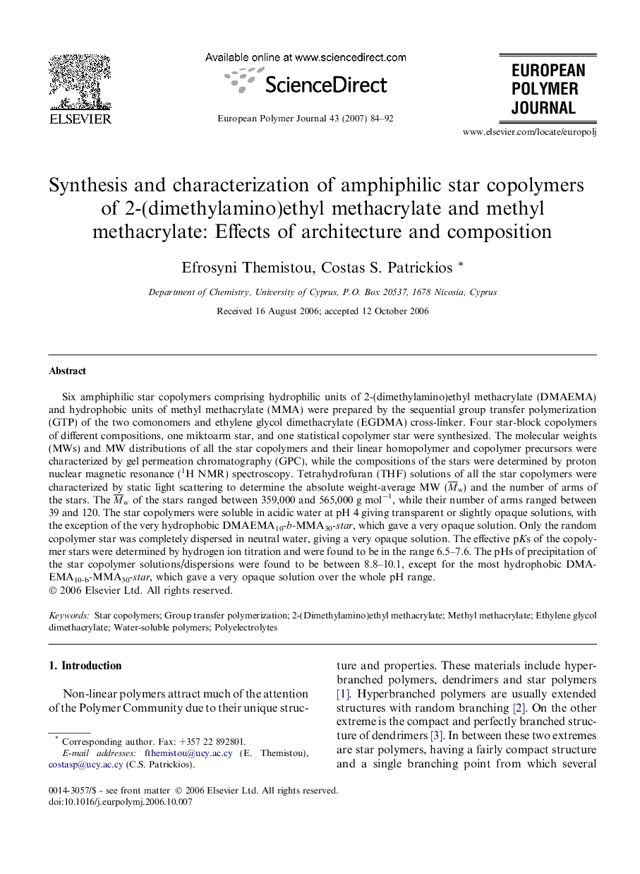 Synthesis and characterization of amphiphilic star copolymers of 2-(dimethylamino)ethyl methacrylate and methyl methacrylate: Effects of architecture and composition