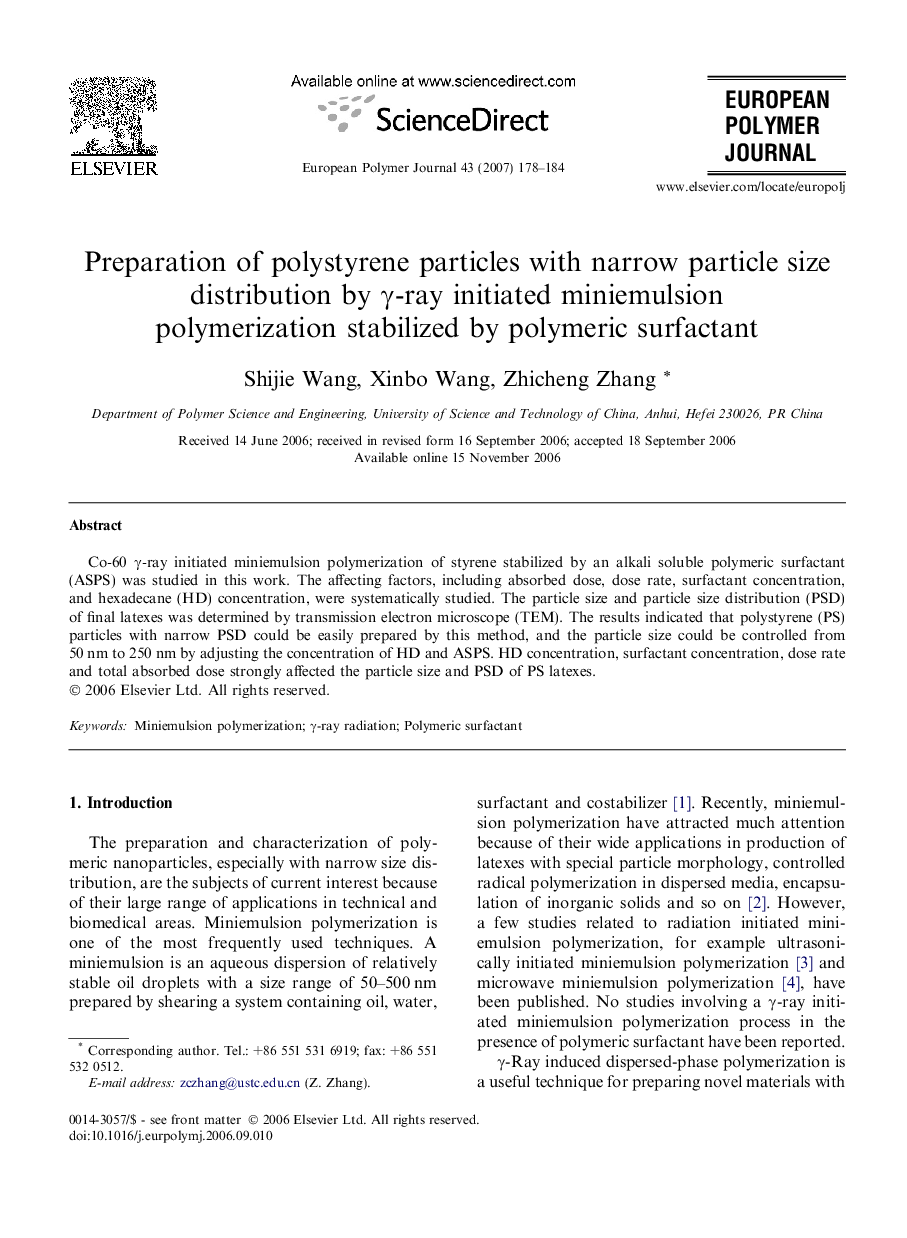 Preparation of polystyrene particles with narrow particle size distribution by γ-ray initiated miniemulsion polymerization stabilized by polymeric surfactant