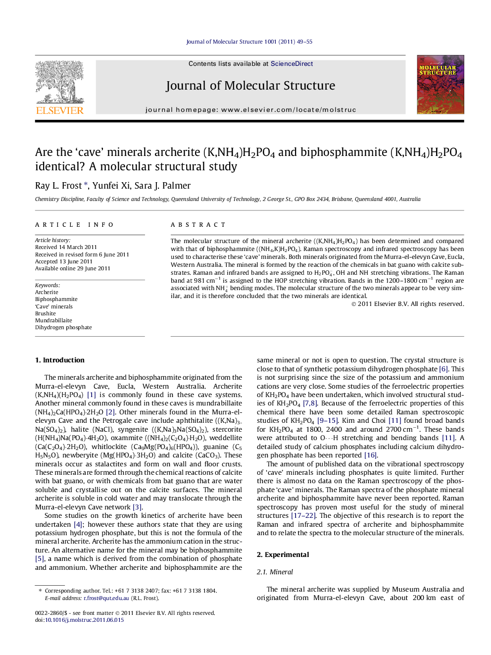 Are the 'cave' minerals archerite (K,NH4)H2PO4 and biphosphammite (K,NH4)H2PO4 identical? A molecular structural study