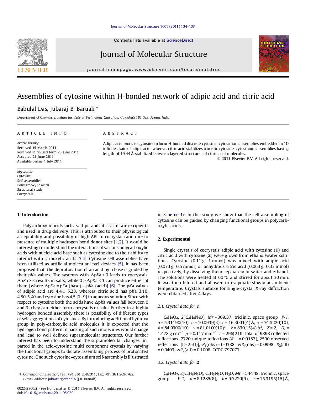 Assemblies of cytosine within H-bonded network of adipic acid and citric acid