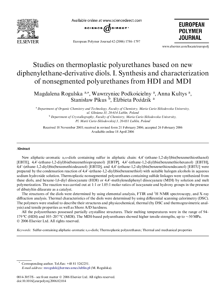 Studies on thermoplastic polyurethanes based on new diphenylethane-derivative diols. I. Synthesis and characterization of nonsegmented polyurethanes from HDI and MDI