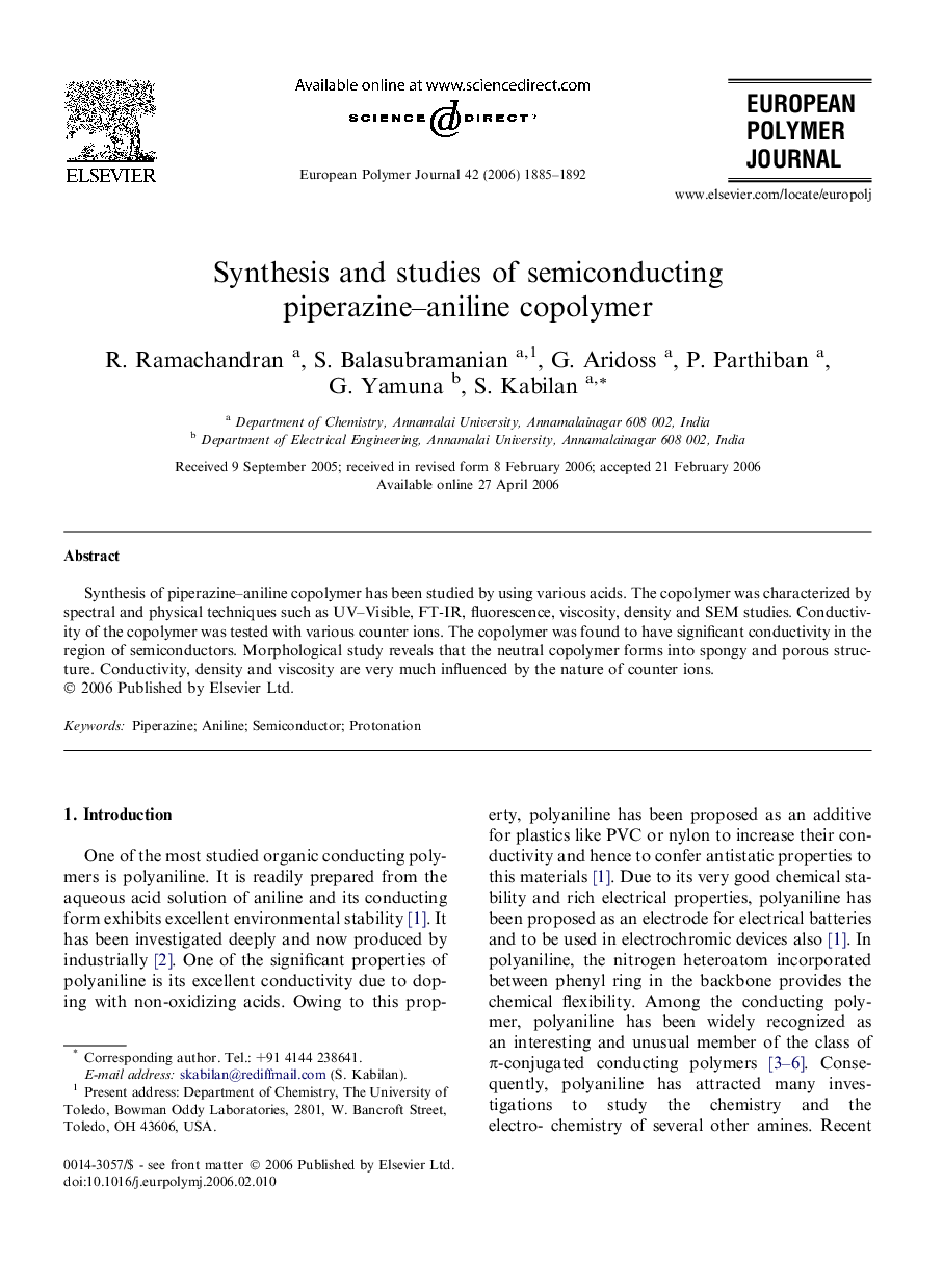 Synthesis and studies of semiconducting piperazine–aniline copolymer