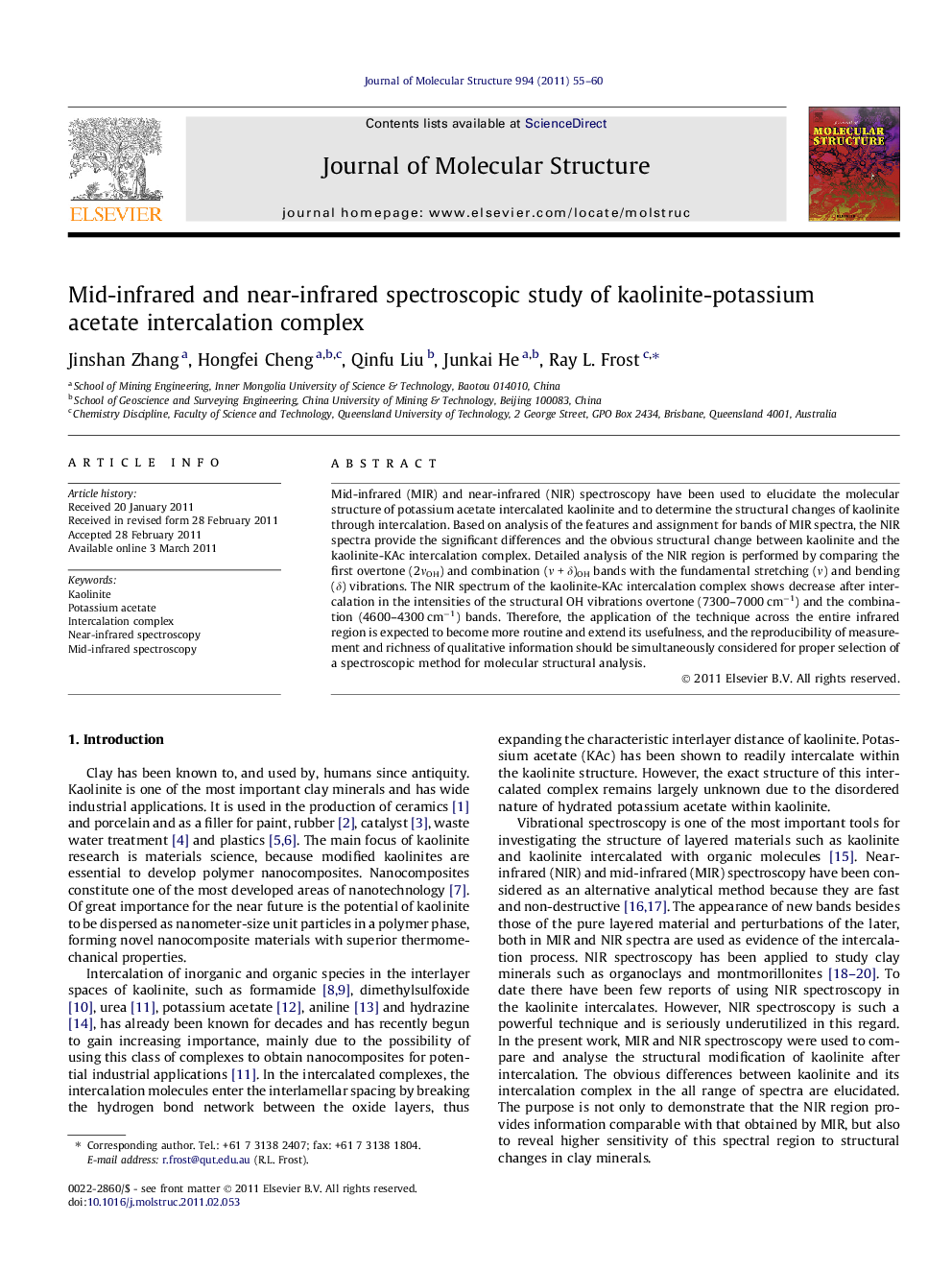 Mid-infrared and near-infrared spectroscopic study of kaolinite-potassium acetate intercalation complex