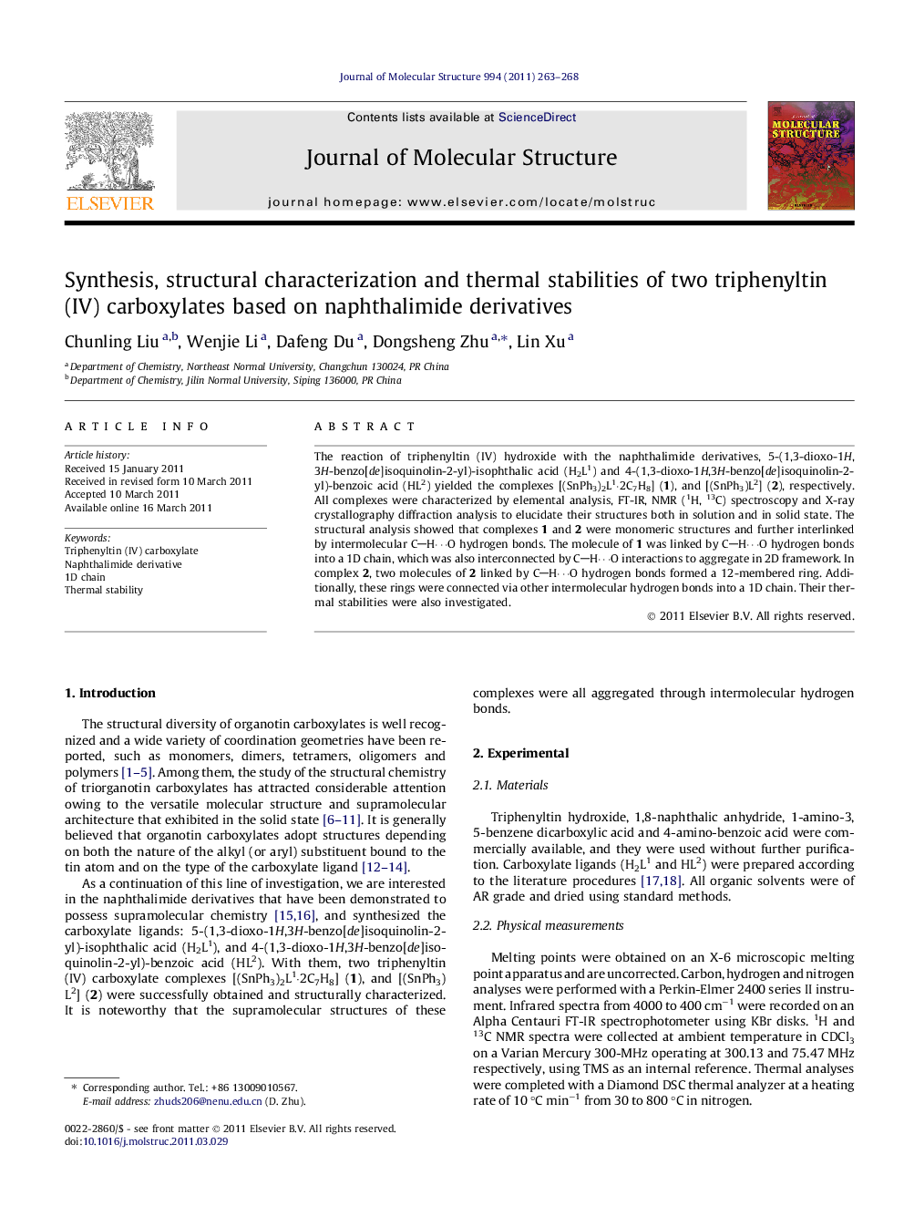 Synthesis, structural characterization and thermal stabilities of two triphenyltin (IV) carboxylates based on naphthalimide derivatives