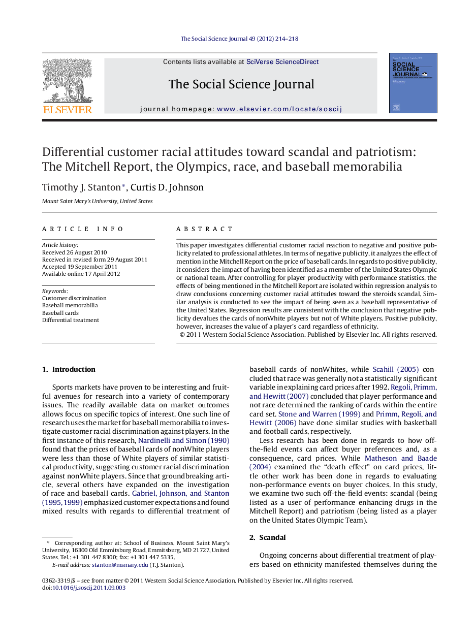 Differential customer racial attitudes toward scandal and patriotism: The Mitchell Report, the Olympics, race, and baseball memorabilia