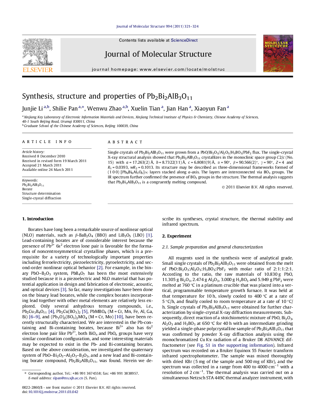 Synthesis, structure and properties of Pb2Bi2AlB3O11