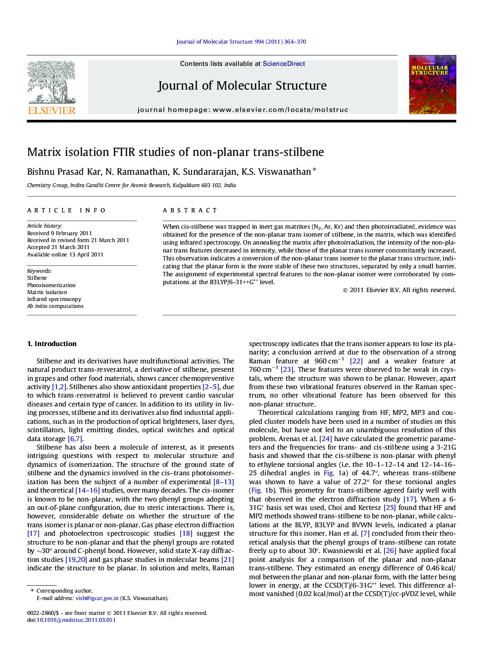 Matrix isolation FTIR studies of non-planar trans-stilbene