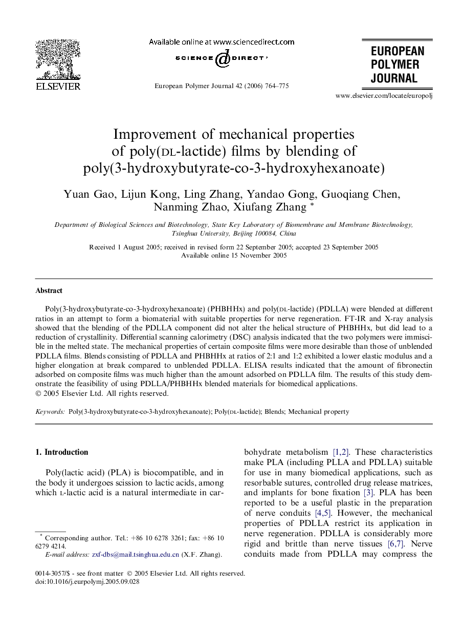 Improvement of mechanical properties of poly(dl-lactide) films by blending of poly(3-hydroxybutyrate-co-3-hydroxyhexanoate)