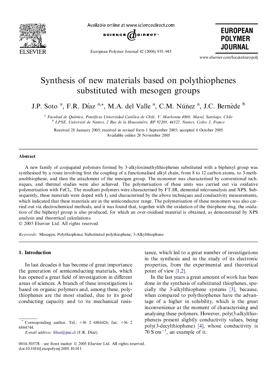 Synthesis of new materials based on polythiophenes substituted with mesogen groups