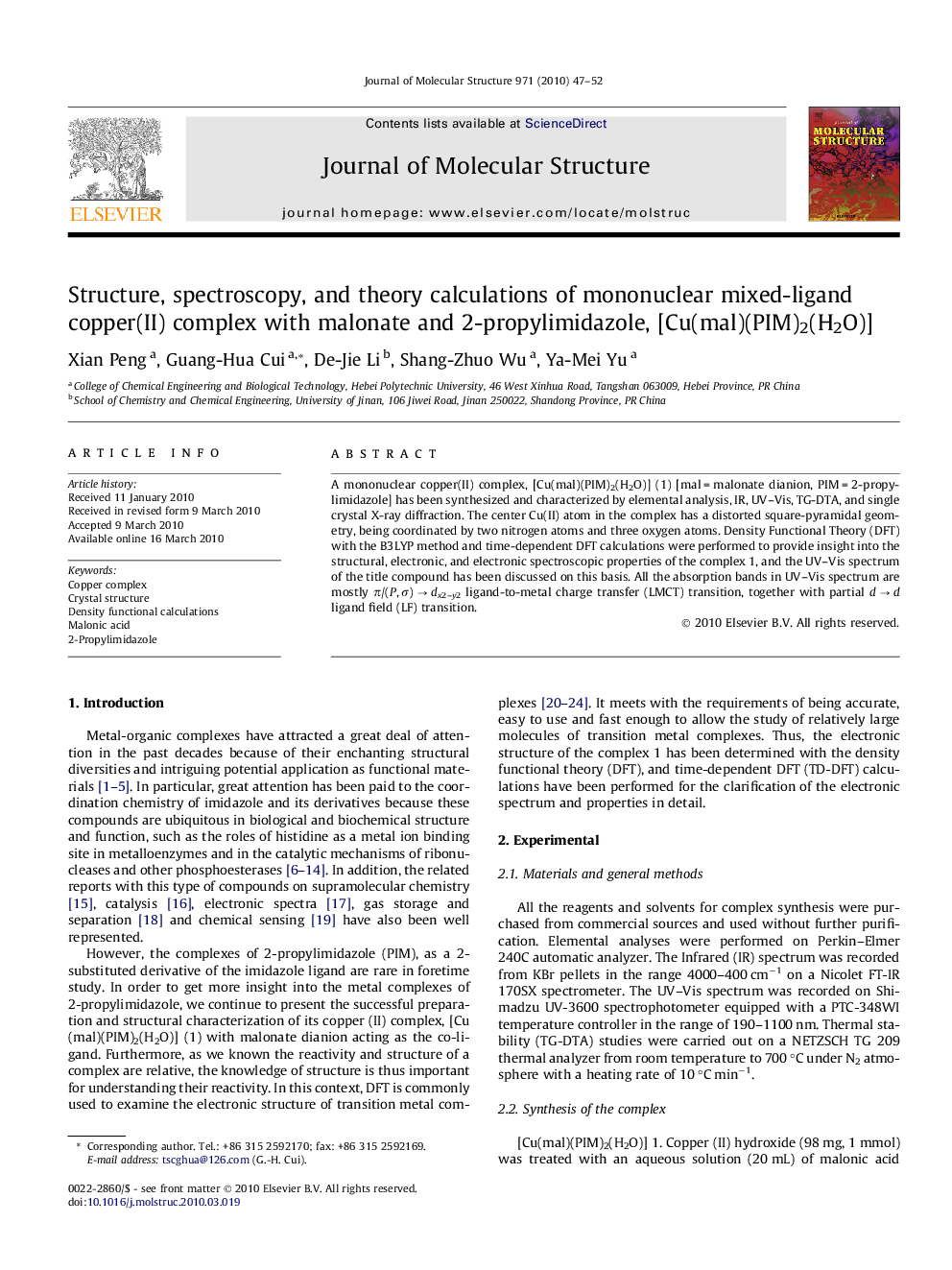 Structure, spectroscopy, and theory calculations of mononuclear mixed-ligand copper(II) complex with malonate and 2-propylimidazole, [Cu(mal)(PIM)2(H2O)]