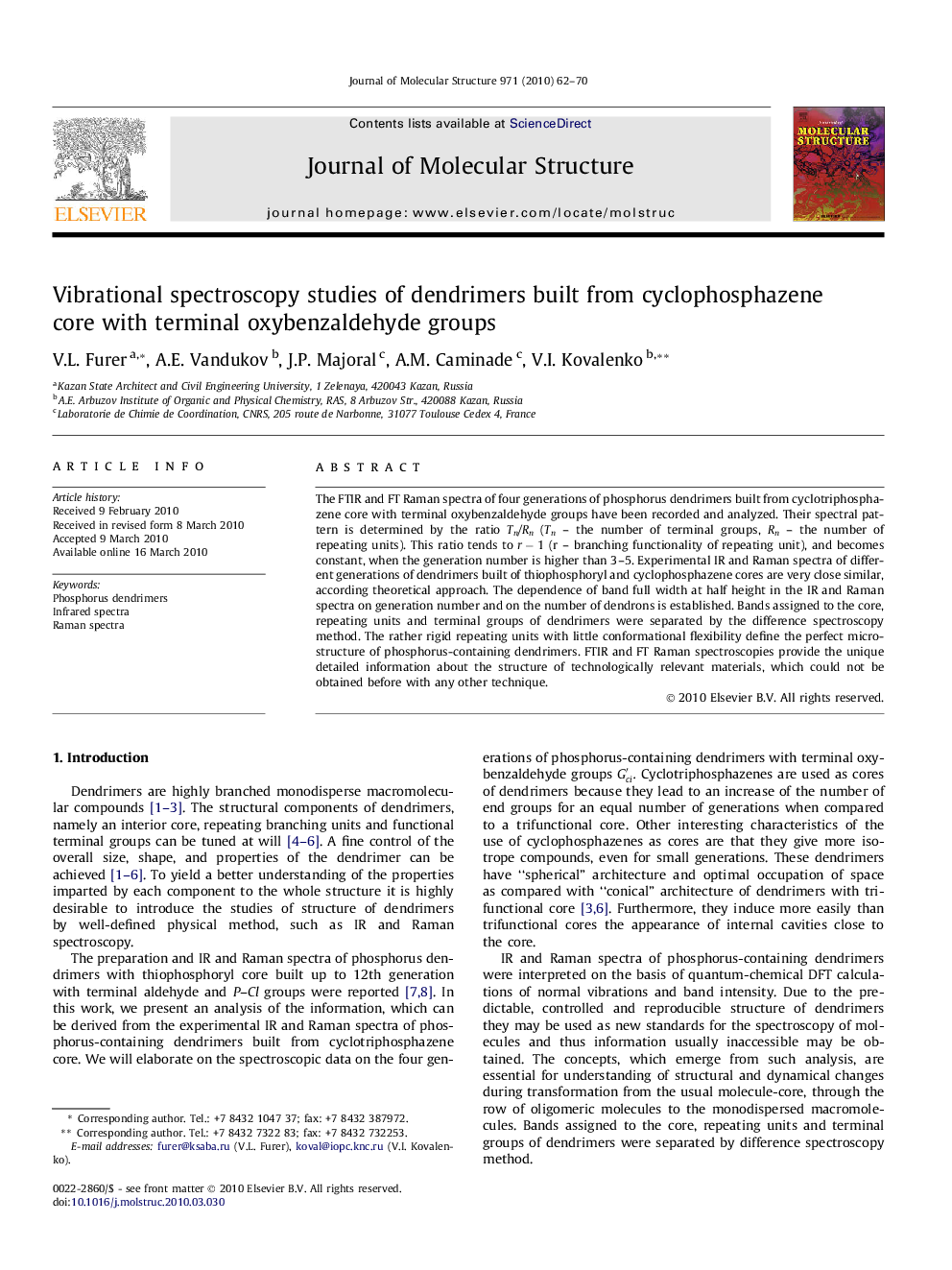 Vibrational spectroscopy studies of dendrimers built from cyclophosphazene core with terminal oxybenzaldehyde groups