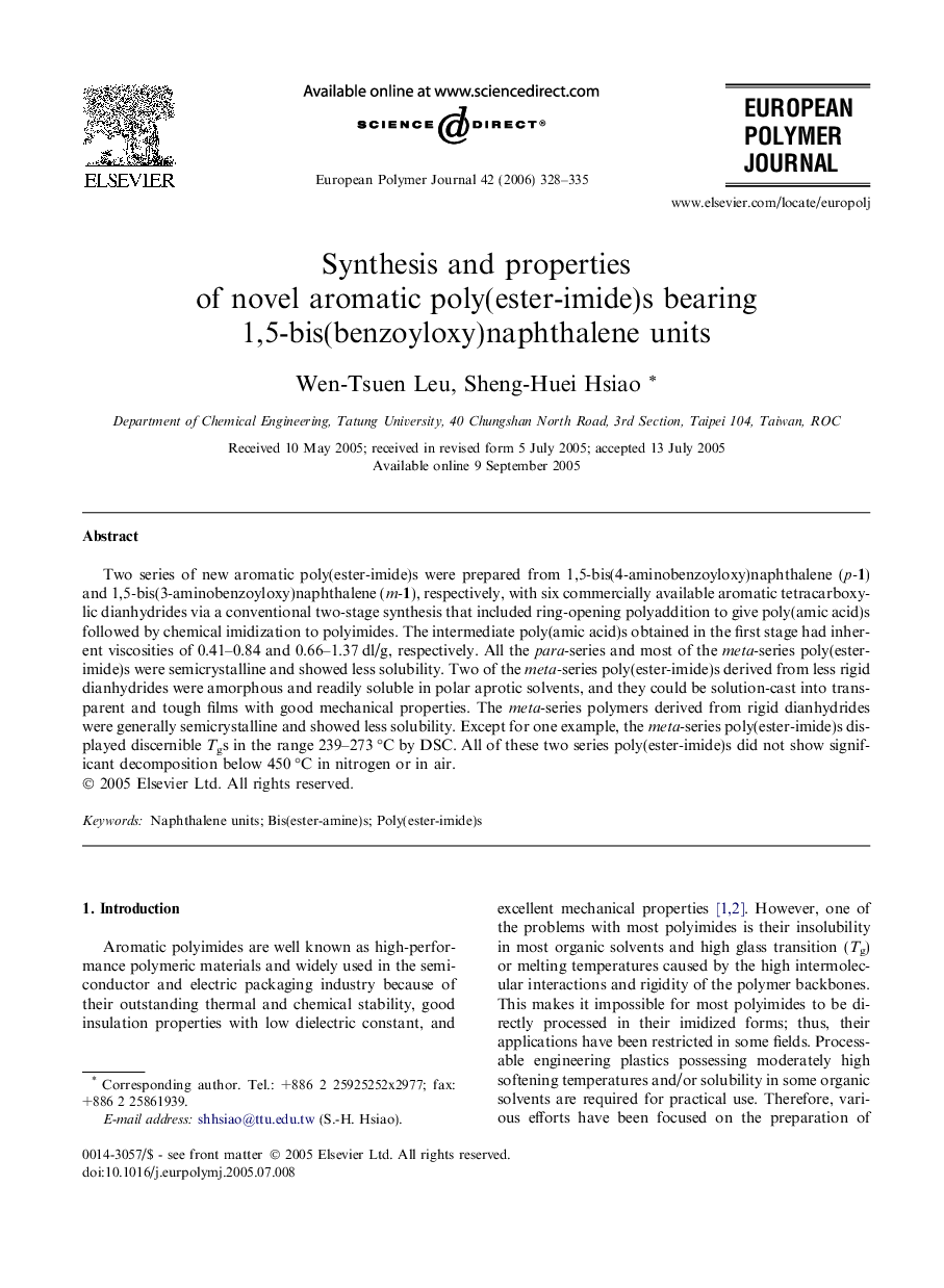 Synthesis and properties of novel aromatic poly(ester-imide)s bearing 1,5-bis(benzoyloxy)naphthalene units