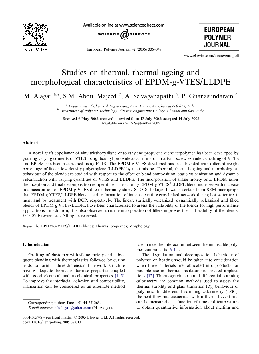 Studies on thermal, thermal ageing and morphological characteristics of EPDM-g-VTES/LLDPE