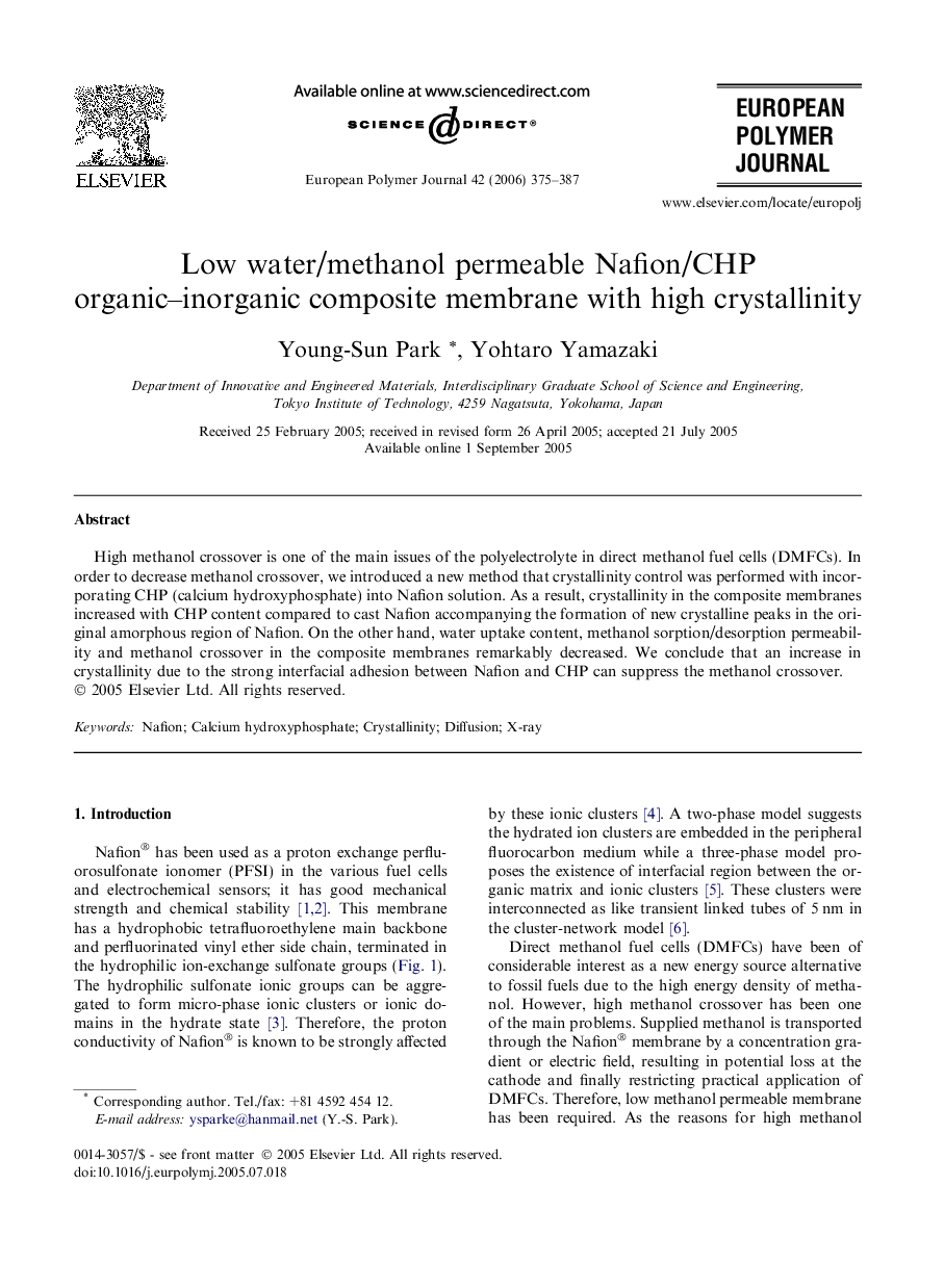Low water/methanol permeable Nafion/CHP organic–inorganic composite membrane with high crystallinity