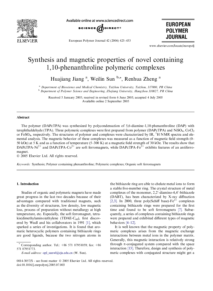 Synthesis and magnetic properties of novel containing 1,10-phenanthroline polymeric complexes