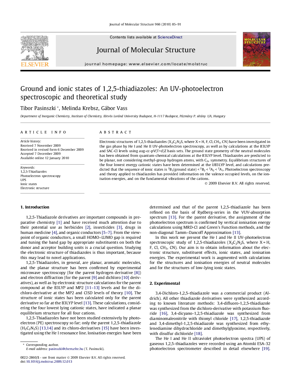 Ground and ionic states of 1,2,5-thiadiazoles: An UV-photoelectron spectroscopic and theoretical study