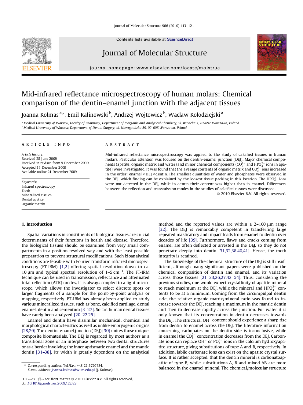 Mid-infrared reflectance microspectroscopy of human molars: Chemical comparison of the dentin-enamel junction with the adjacent tissues