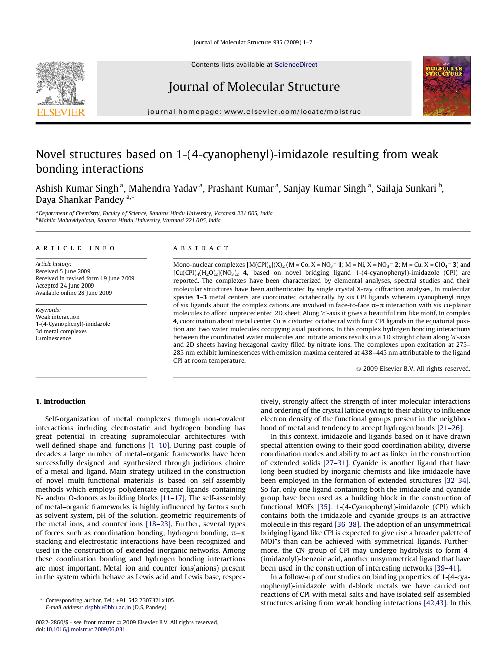 Novel structures based on 1-(4-cyanophenyl)-imidazole resulting from weak bonding interactions