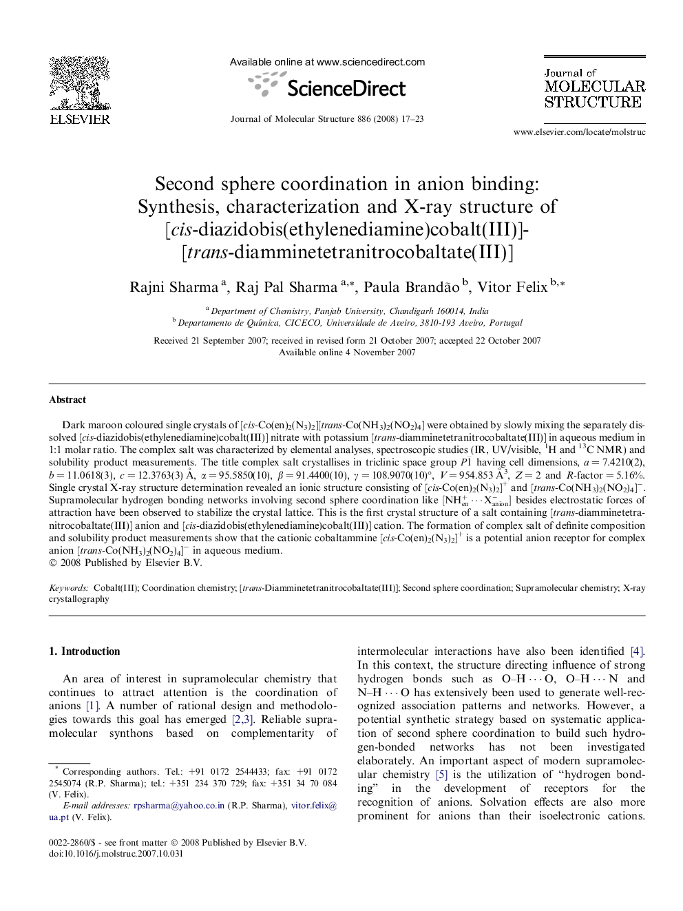 Second sphere coordination in anion binding: Synthesis, characterization and X-ray structure of [cis-diazidobis(ethylenediamine)cobalt(III)][trans-diamminetetranitrocobaltate(III)]