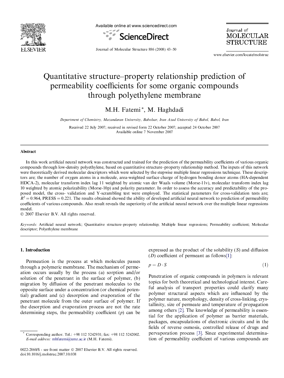 Quantitative structure–property relationship prediction of permeability coefficients for some organic compounds through polyethylene membrane