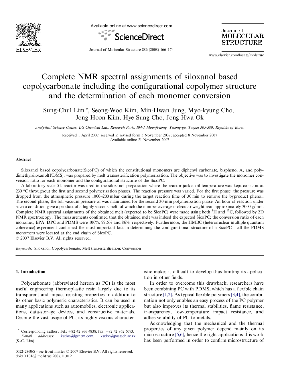 عکس صفحه اول مقاله: Complete NMR spectral assignments of siloxanol based copolycarbonate including the configurational copolymer structure and the determination of each monomer conversion Complete NMR spectral assignments of siloxanol based copolycarbonate including the configurational copolymer structure and the determination of each monomer conversion