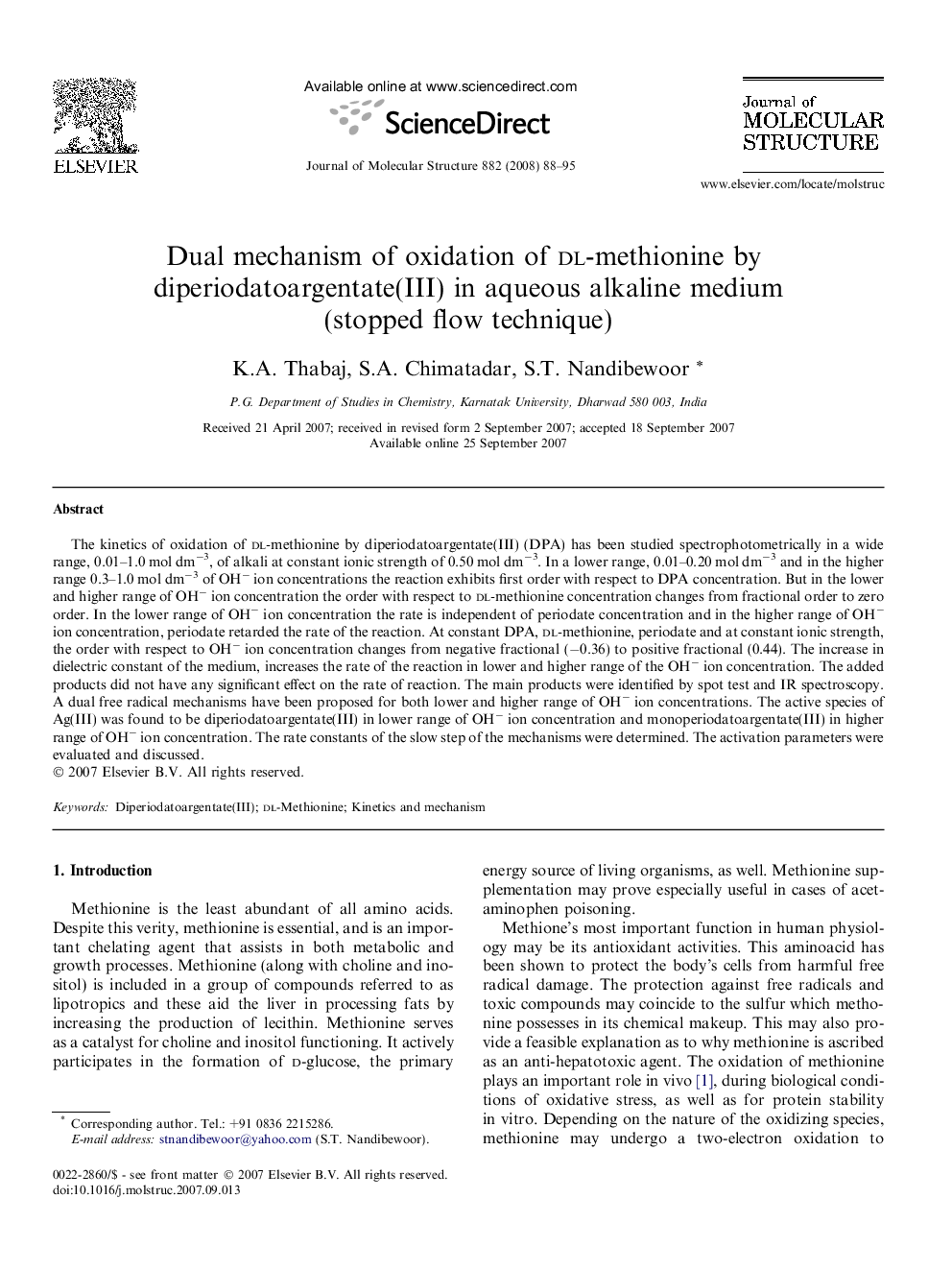 Dual mechanism of oxidation of dl-methionine by diperiodatoargentate(III) in aqueous alkaline medium (stopped flow technique)