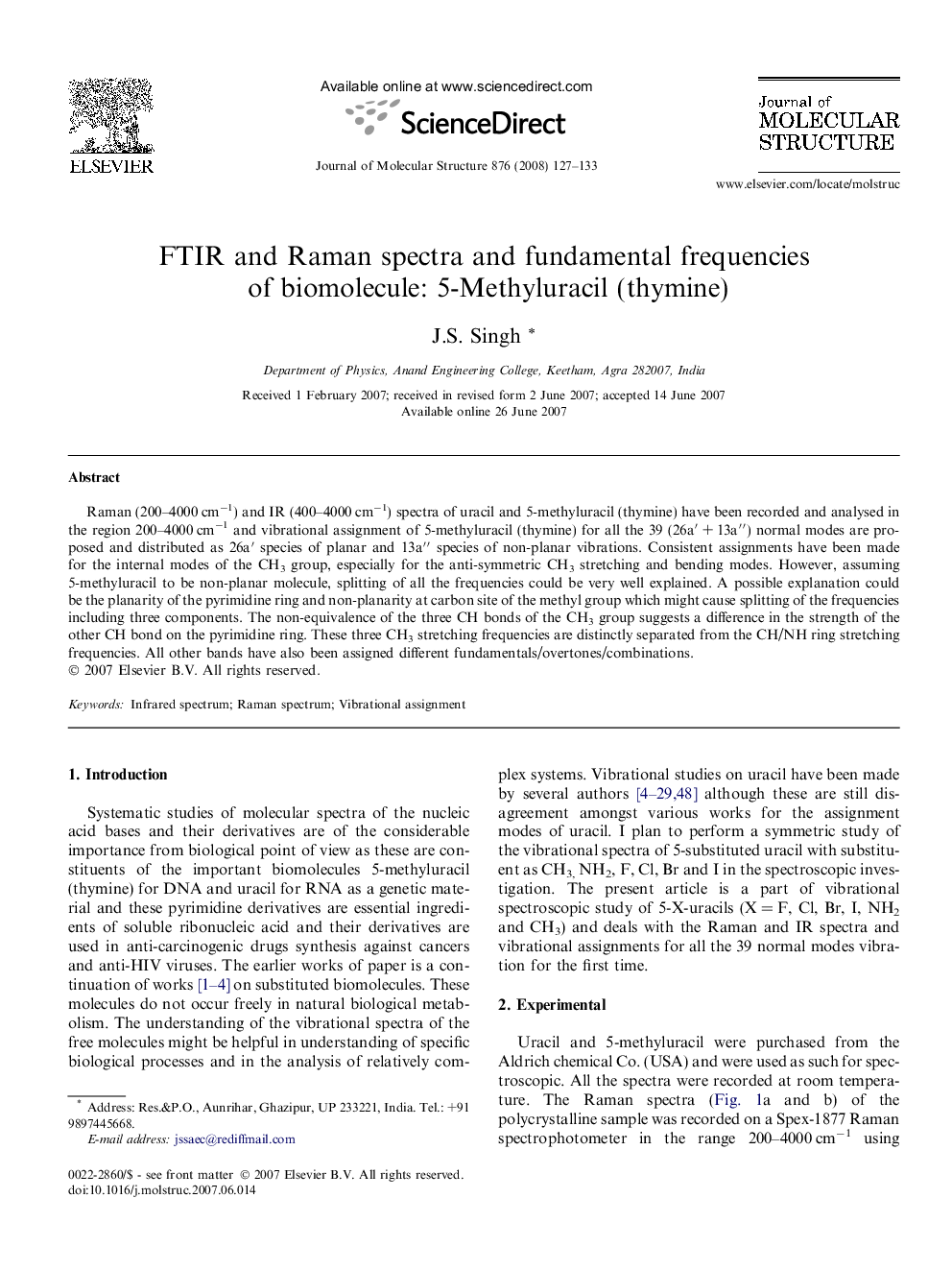 FTIR and Raman spectra and fundamental frequencies of biomolecule: 5-Methyluracil (thymine)
