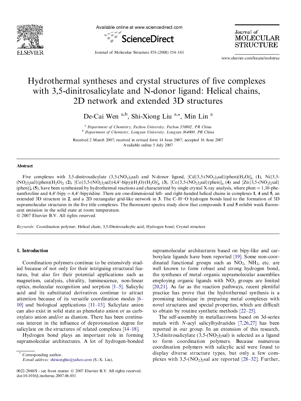 Hydrothermal syntheses and crystal structures of five complexes with 3,5-dinitrosalicylate and N-donor ligand: Helical chains, 2D network and extended 3D structures