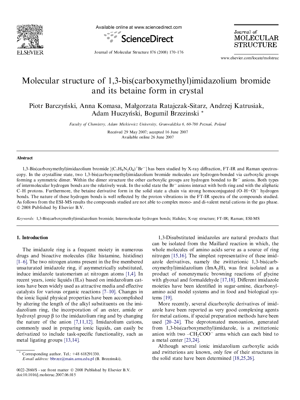 Molecular structure of 1,3-bis(carboxymethyl)imidazolium bromide and its betaine form in crystal