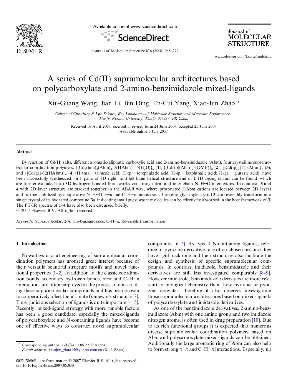 A series of Cd(II) supramolecular architectures based on polycarboxylate and 2-amino-benzimidazole mixed-ligands