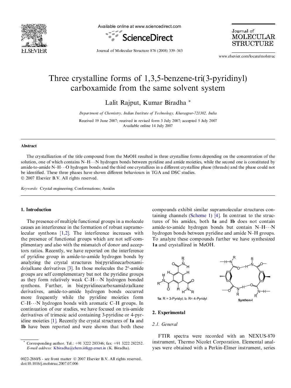 Three crystalline forms of 1,3,5-benzene-tri(3-pyridinyl)carboxamide from the same solvent system