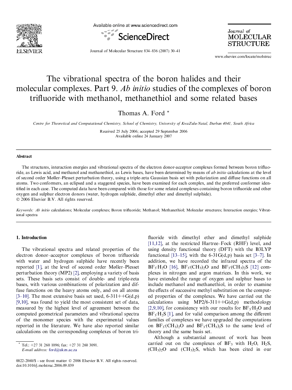 The vibrational spectra of the boron halides and their molecular complexes. Part 9. Ab initio studies of the complexes of boron trifluoride with methanol, methanethiol and some related bases