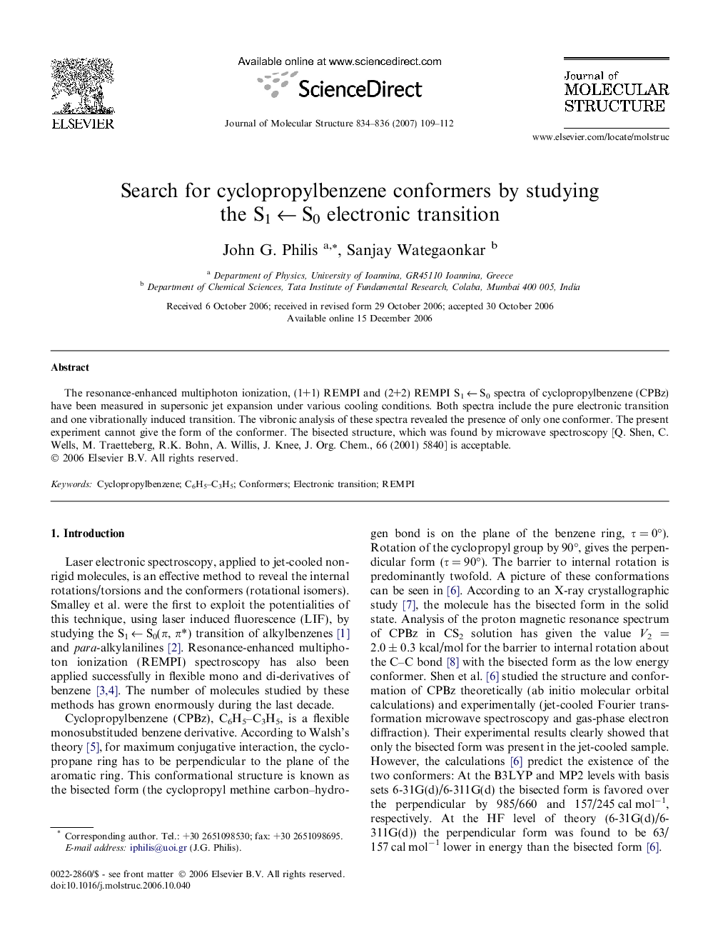 Search for cyclopropylbenzene conformers by studying the S1Â âÂ S0 electronic transition