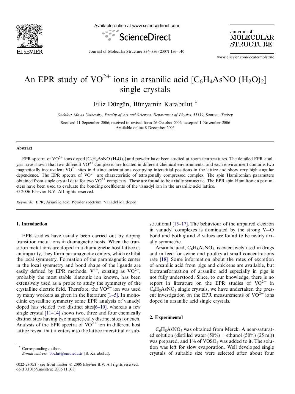 An EPR study of VO2+ ions in arsanilic acid [C6H4AsNO (H2O)2] single crystals