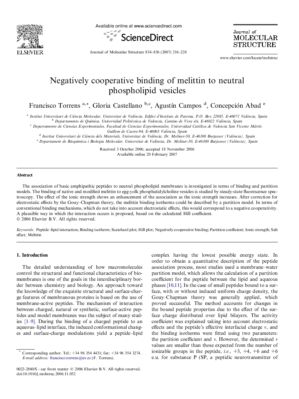 Negatively cooperative binding of melittin to neutral phospholipid vesicles